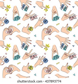 Seamless pattern with various hands gestures in bright retro style 2