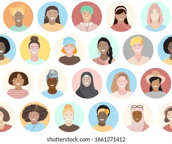 Seamless pattern of various happy smiling women avatar round framed icons. Races & nationalities diversity, multi ethnic team group. Women`s Day, 8 March, girl power, sisterhood vector illustration