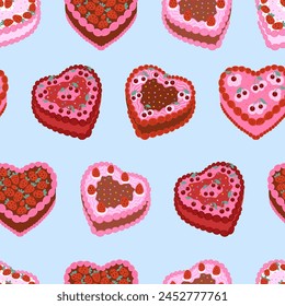 Seamless pattern with various heart shaped cakes with cherries and strawberries. Vector flat background