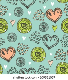 Seamless pattern with various hearts and circles. Vector vintage background with many details for greeting cards, gifts, arts, invitations