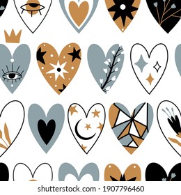 Seamless pattern with various hearts. Cute romantic texture for textile, wrapping paper, Valentine day decor or wedding design. Doodle hand drawn vector background. Mystic sacred hearts. Love concept
