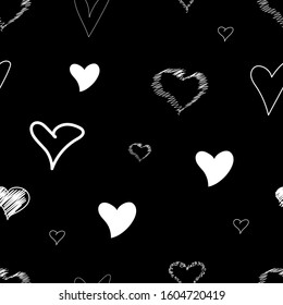 
Seamless pattern of various hearts on a black background. Love, Valentine's Day. For greeting card, fabric, textile, packaging paper. Flat vector illustration