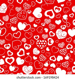 Seamless pattern of various hearts, white on red