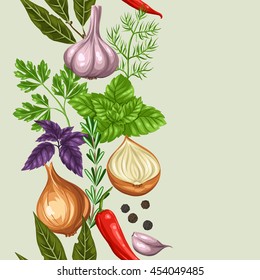 Seamless pattern with various herbs and spices.