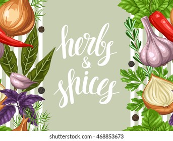 Seamless pattern with various herbs and spices.