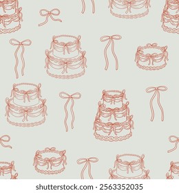 Seamless pattern with various holiday cakes and candles in vintage style. Vector hand drawn outline background with cakes, candelabra and bows for wedding, birthday or valentines day