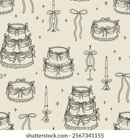 Seamless pattern with various holiday cakes and candles in vintage style. Vector hand drawn outline background with cakes, candelabra and bows for wedding, birthday or valentine's day