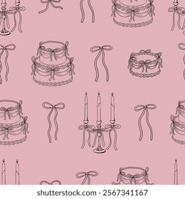 Seamless pattern with various holiday cakes and candles in vintage style. Vector hand drawn outline background with cakes, candelabra and bows for wedding, birthday or valentines day