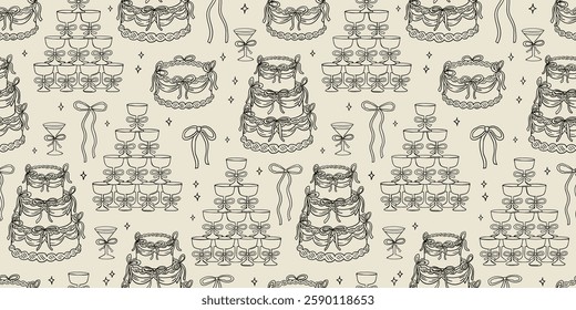 Seamless pattern with various holiday cakes, bows and champagne pyramid in vintage style. Vector hand drawn outline background for wedding, birthday or valentine's day