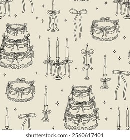 Seamless pattern with various holiday objects and decor in vintage style. Vector hand drawn outline background with cakes, candles and bows for wedding, birthday or valentines day