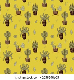 Patrón inmaculado de varias plantas, sobre un fondo brillante. Dracaena, palma de abanico, monstera, cactus. Ilustración vectorial plana de color.