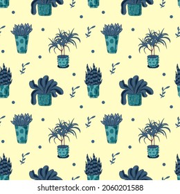 Seamless pattern from various houseplants, on a bright background. Dracaena, cactus. Colored flat vector illustration.