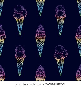 Seamless pattern of various ice cream treats including cones, popsicles, and sundaes, creating a vibrant and playful pattern suitable for summer-themed designs