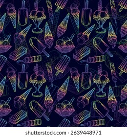 Seamless pattern of various ice cream treats including cones, popsicles, and sundaes, creating a vibrant and playful pattern suitable for summer-themed designs