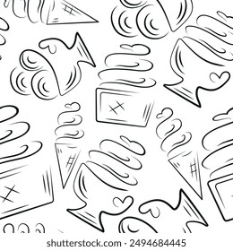 seamless pattern of various ice creams in cups drawn with black outline, no background, vector	