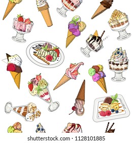 Seamless pattern with various icecream in cones, plates and bowls. Vector illustration, hand drawn elements. Excellent print for greeting cards, clothes, bed linens, fabric, textiles, wallpaper, wrap