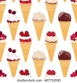 Patrón sin brillo con varios helados en conos. Sabor y color diferentes.