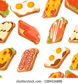 Seamless pattern. Various icon collection of meat and vegetable sandwiches. One piece of bread. Sweet tasty breakfast or fast food. Flat vector illustration on white background.