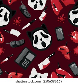 seamless pattern of various icons for Halloween with a cat in a mask from the movie Scream, various knives, phones and internal organs wounded with knives, vector