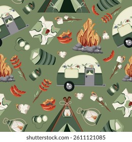 seamless pattern of various icons of transport and equipment and food and accessories on the theme of camping or recreation on a green background