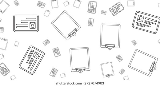 Um padrão perfeito de várias placas de identificação e pranchetas em um estilo de arte de linha simples.