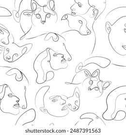 seamless pattern of various illustrations of people with their pets hugging their animals drawn in line art style, for logos, designs or posters