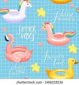 Seamless pattern with various inflatable swimming pool rings and trendy lettering. Summer rest and vacation collage. Trendy texture for textile, wrapping paper, scrapbooking, packaging etc. Vector.