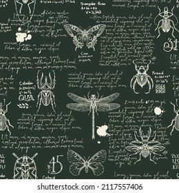 Seamless pattern with various insects and handwritten text Lorem Ipsum. Hand-drawn vector background with butterflies, beetles, dragonfly on black backdrop. Wallpaper, wrapping paper or fabric design