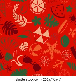 Seamless pattern of various items related to summer holidays at sea, multicolored on red background