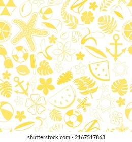 Seamless pattern of various items related to summer holidays at sea, yellow on white background