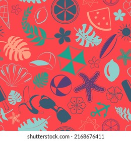 Seamless pattern of various items related to summer holidays at sea, multicolored on red background