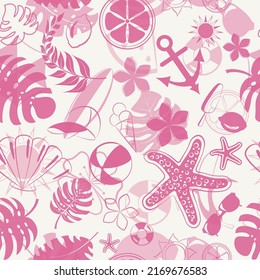Seamless pattern of various items related to summer holidays at sea, pink on white background
