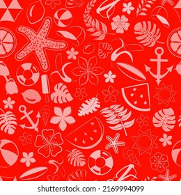 Seamless pattern of various items related to summer holidays at sea, in red colors