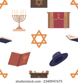 Seamless Pattern With Various Items Used During Services In A Synagogue, Such As Torah Scroll, Prayer Book, Menorah