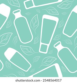 seamless pattern with various jars and tubes and with green leaves on a blue background, for packaging, posters, various designs