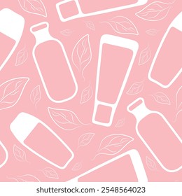 seamless pattern with various jars and tubes and with green leaves on a pink background, for packaging, posters, various designs