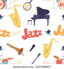 Seamless Pattern With Various Jazz Instruments, Piano, Saxophone, Trumpet, Drums and Banjo Creating Melodic Design