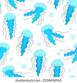 Seamless pattern with various jellyfish in the ocean. Vector flat background