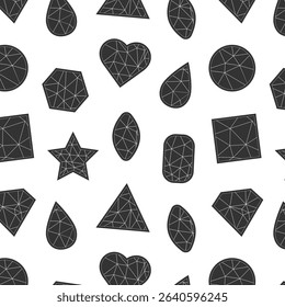 Seamless pattern of various jewels in black, creating the effect of a mosaic or crystal structure.