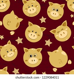 Seamless pattern with various joyful piggies. New 2019 year background