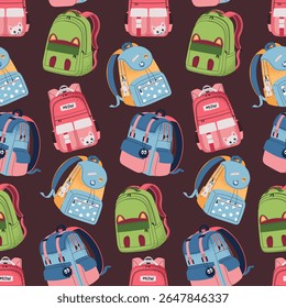 Seamless Pattern with Various Kids Backpacks. Colorful School Background for Children's Textiles, wallpaper, wrapping paper, Stationery. Perfect for Back to School Campaigns and School Branding