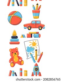 Seamless pattern with various kids toys. Happy childhood symbols. Playing game with friends.