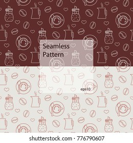 Seamless pattern with various kinds of coffee and devices for coffee making. Vector illustration.