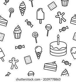 A Seamless Pattern With Various Kinds Of Sweets And Desserts - Birthday Cake, One Piece Of Birthday Cake, Lolly, Ice Cream, Ice Cream Cone, Gingerbread Man, Cracker, Candy, Cupcake