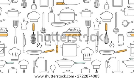 Seamless pattern of various kitchen tools and cookware like pots, pans, whisks, and chef hats in thin black lines with orange accents.