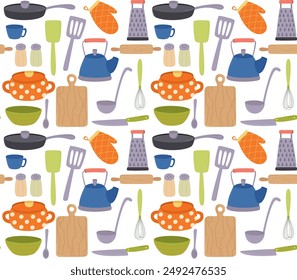 Seamless pattern with various kitchen utensil and cookware. Vector background in flat style	