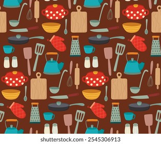 Seamless pattern with various kitchen utensils and cookware. Hand drawn background 