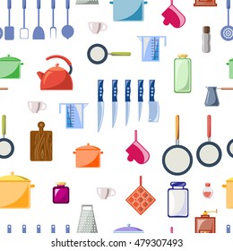 Seamless pattern of various kitchen utensils and tools. Style flat.
