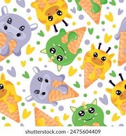 seamless pattern with various layers of ice cream with hippo, dragon and giraffe faces in a waffle cone, for packaging, advertising or design