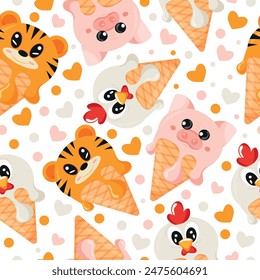 seamless pattern with various layers of ice cream with pig, rooster and tiger faces in a waffle cone, for packaging, advertising or design